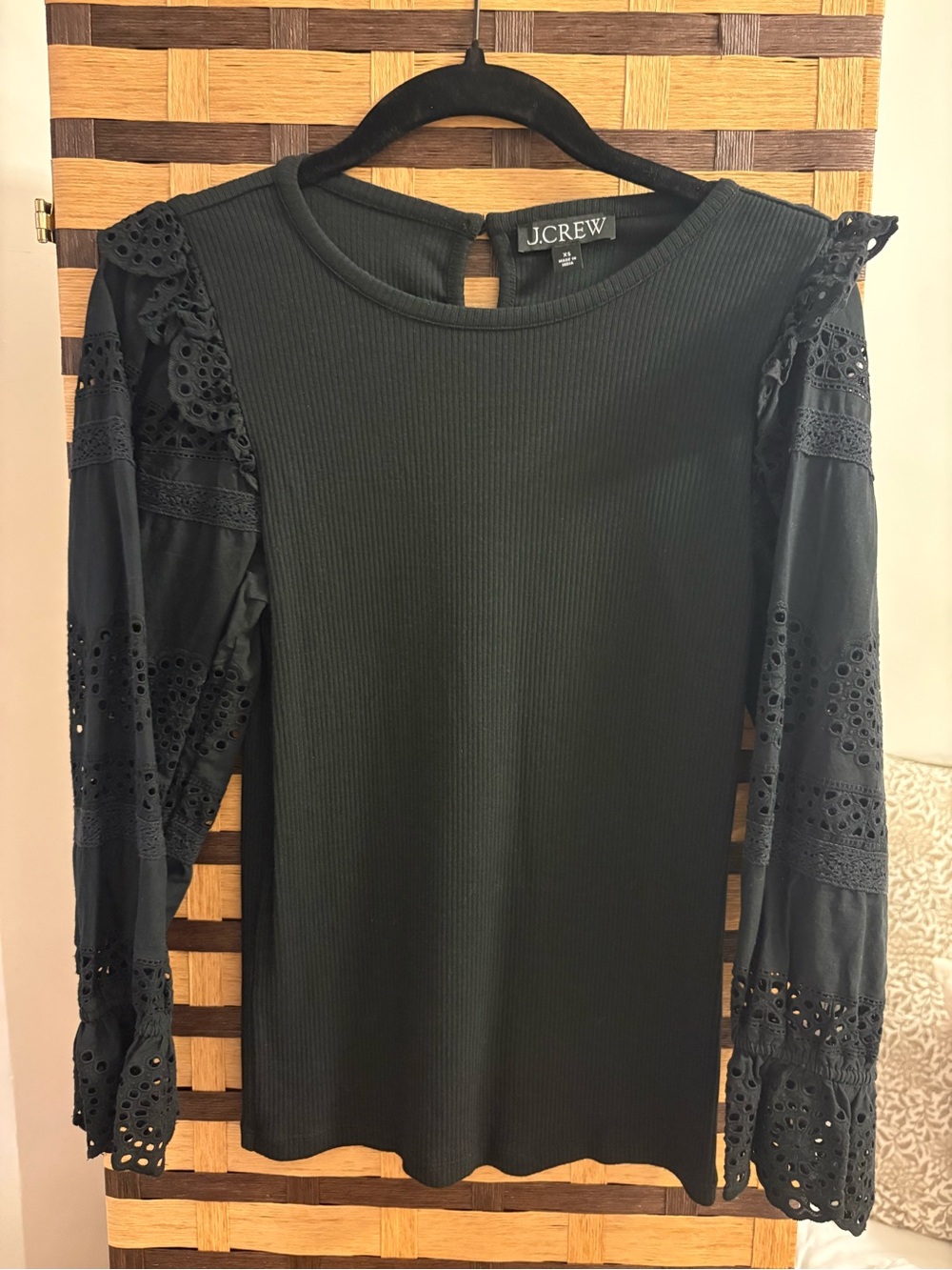 J.Crew Black Eyelet Sleeve Ribbed Knit Top